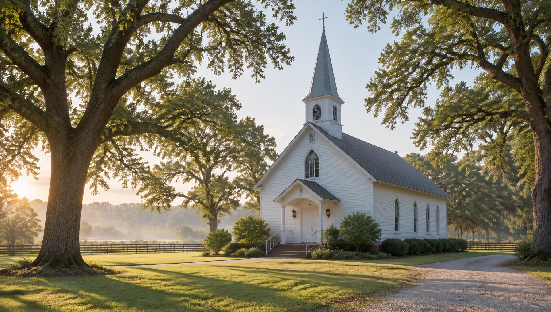 A white country church with a steeple beneath mature oak trees in morning light