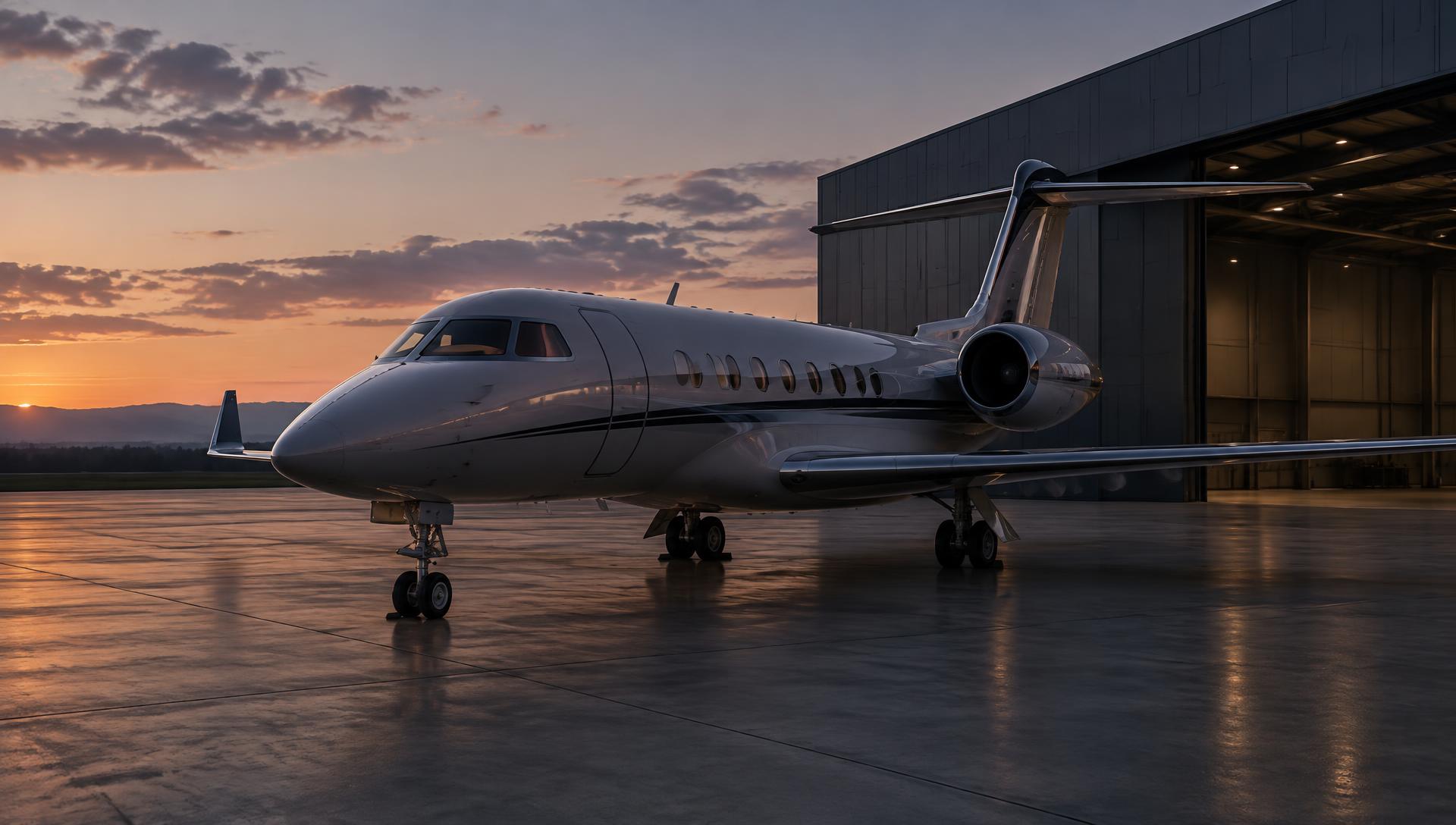 A private business jet parked on a quiet hangar apron at dusk