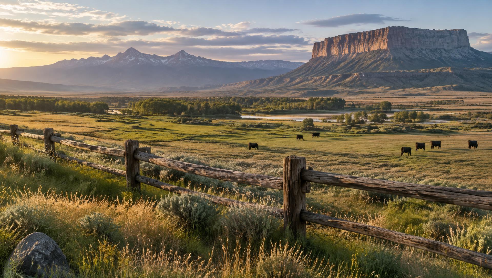 Open ranch land with fence line and distant mountains at morning light